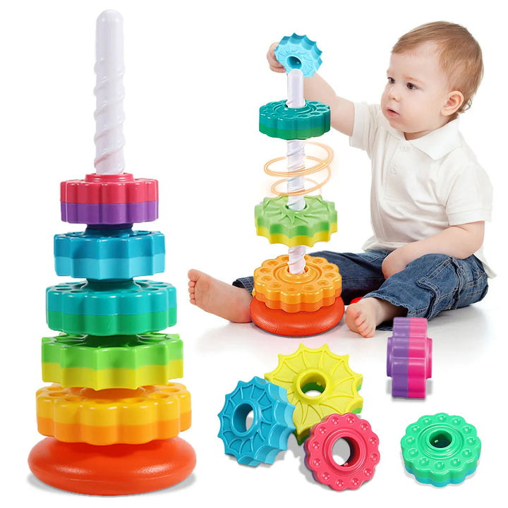 Children's rotating rainbow stacking toy for toddlers. Develops fine motor skills & sensory play.