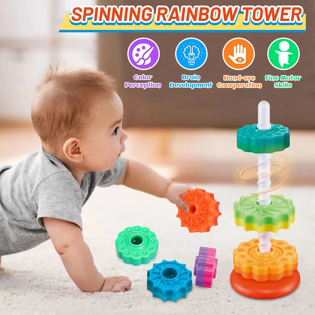 Educational rainbow stacking tower for preschoolers. Fun learning toy & skill development gift.