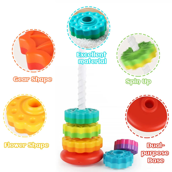 Kids rainbow tower puzzle, rotating stacker. Ideal for skill development, sensory play & learning.