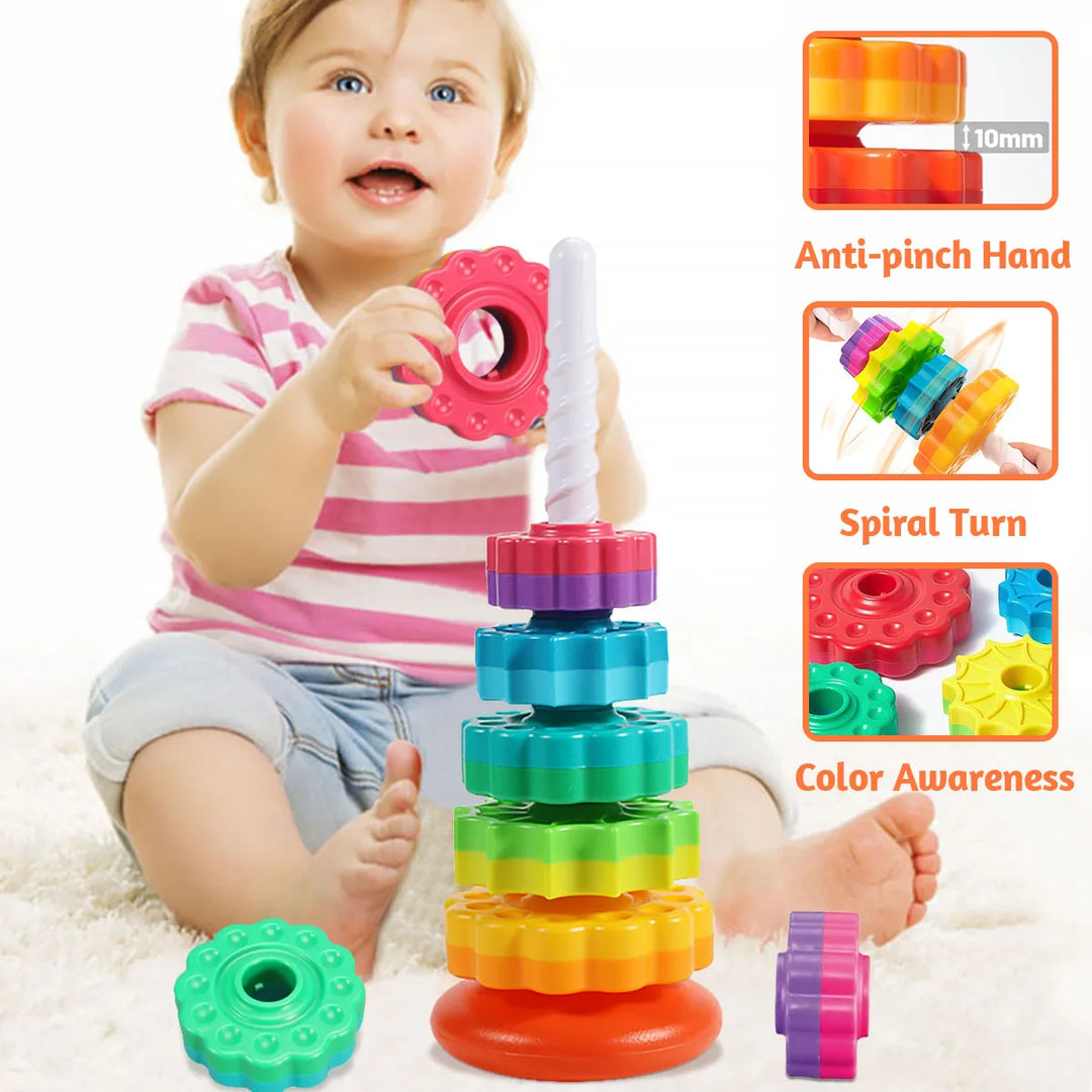 Baby educational stacking toy, vibrant rainbow rings. Promotes fine motor skills & early learning.