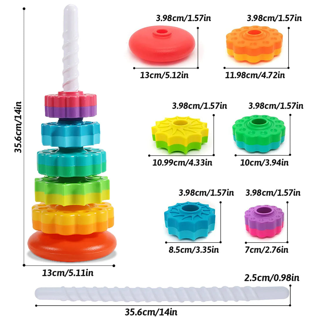 Rotating rainbow stacker for children. Engaging toddler toy for skill development & sensory fun.