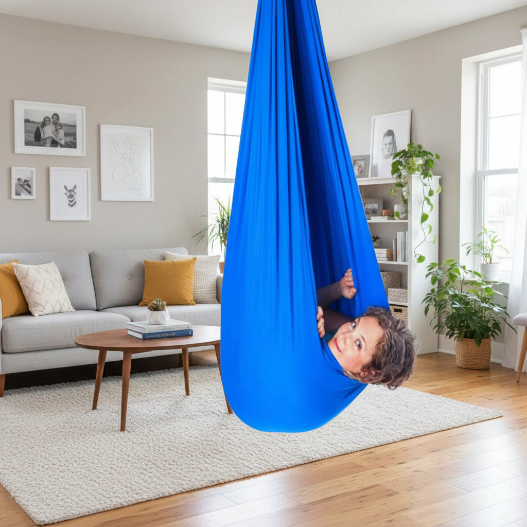 Durable cotton blend indoor sensory swing providing calming comfort for kids with special needs.