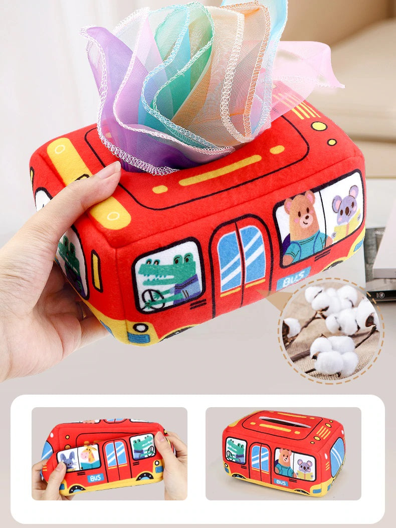 Baby activity toy: soft fabric tissue box with crinkly scarves for toddler play and development.