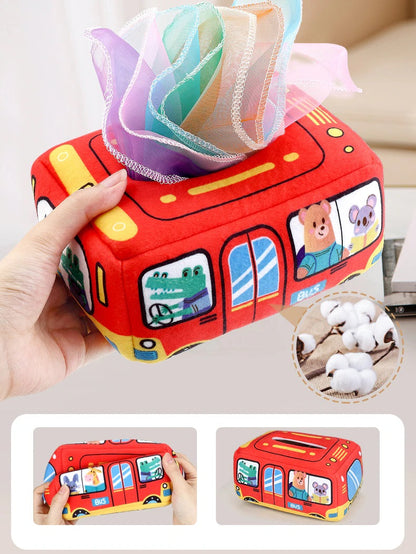 Baby activity toy: soft fabric tissue box with crinkly scarves for toddler play and development.