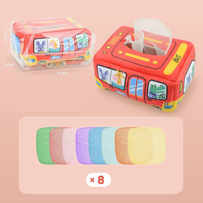 Toddler play soft fabric tissue box toy, designed for hand-eye coordination and early learning.