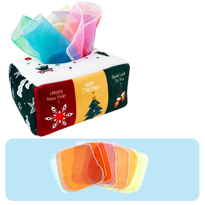 Hygiene learning baby activity toy: plush tissue box with silk-like scarves for interactive fun.