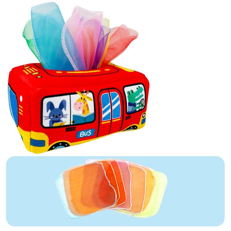 Infant soft fabric tissue box toy, an engaging educational activity with crinkle sounds for babies.