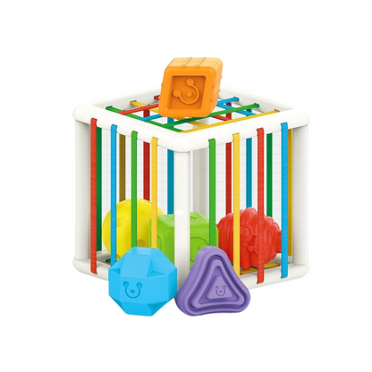 Toddler educational toy: a shape sorter activity cube designed for young children's development.