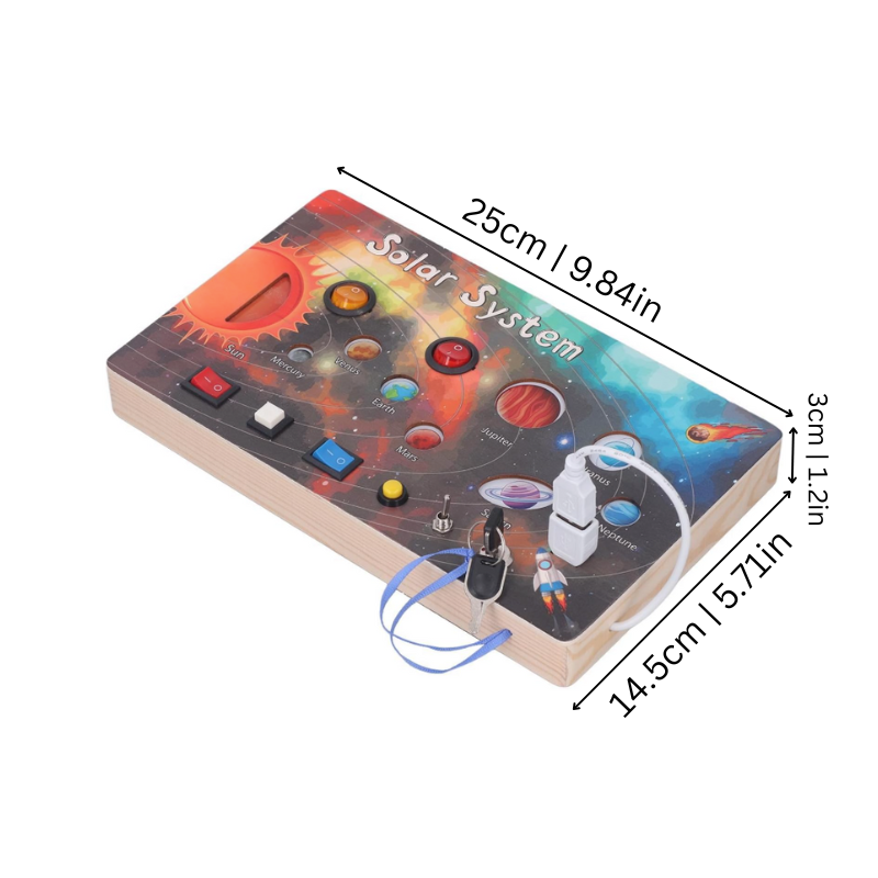 Toddler Montessori learning board, space themed with fine motor activities for preschool education