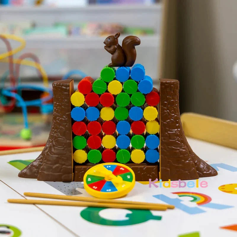 Colorful squirrel stacker balancing game for kids, promoting fine motor skills in preschoolers