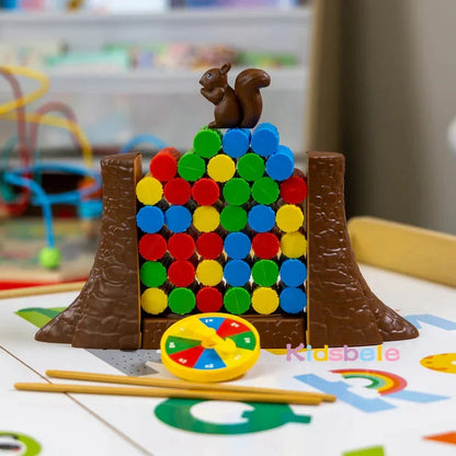 Colorful squirrel stacker balancing game for kids, promoting fine motor skills in preschoolers