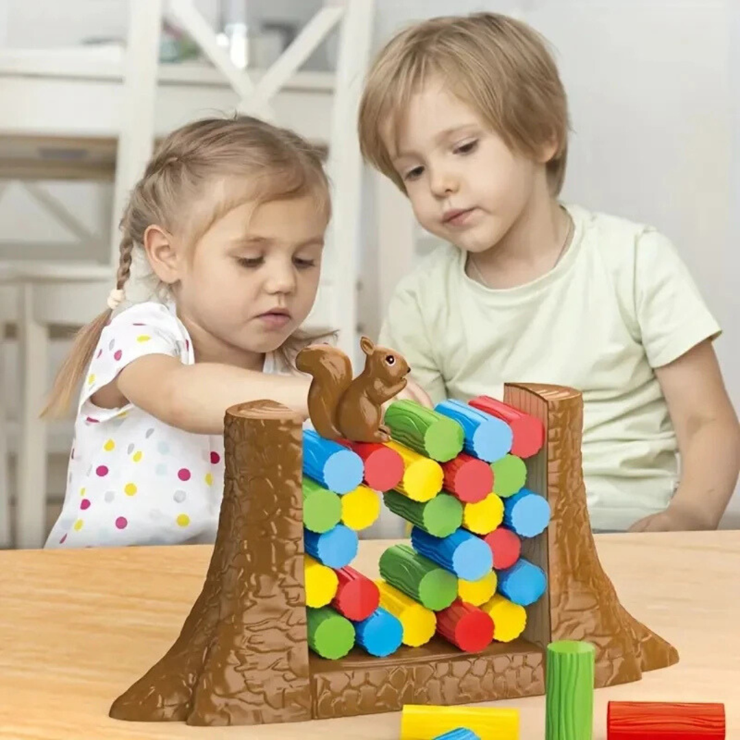 Preschool balancing game with cute squirrel figures, perfect for party game fun