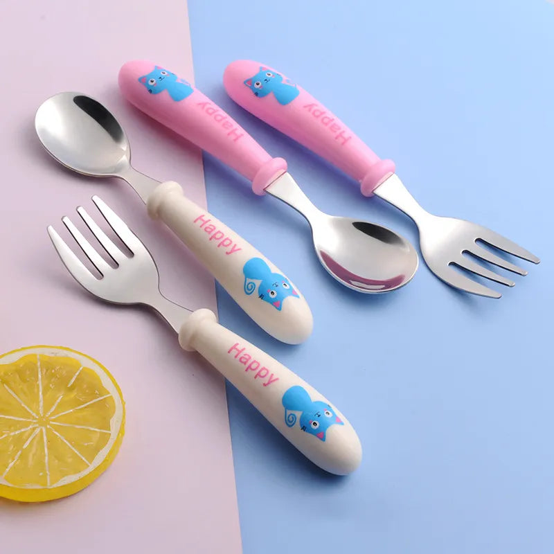 Children's stainless steel fork and spoon set, ergonomic for toddlers, BPA-free baby feeding