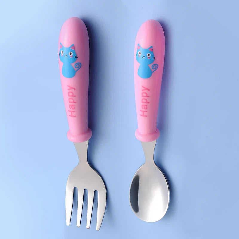 BPA-free stainless steel fork and spoon kit for toddlers, encouraging independent eating