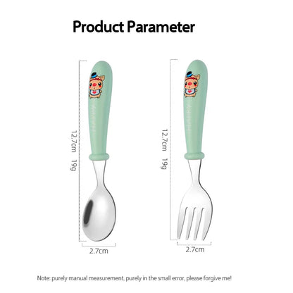 Durable stainless steel fork and spoon for toddlers, ideal for promoting self-feeding skills