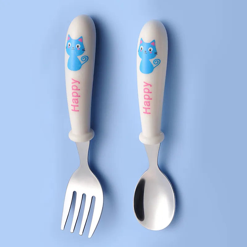 Toddler tableware set: stainless steel fork and spoon, modern design, baby feeding essential