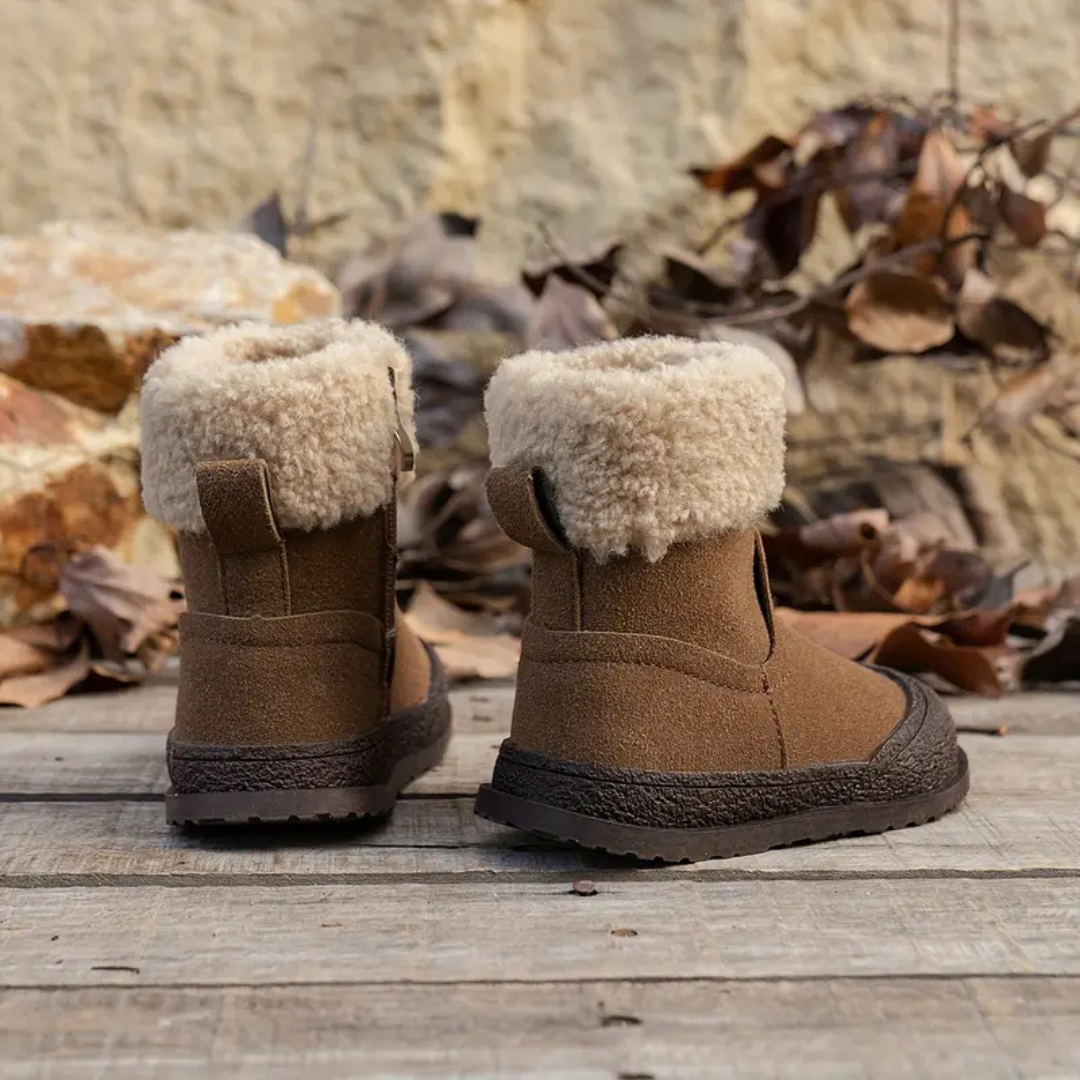 Kids non-slip winter footwear, brown leather zippered boots, warm fleece lining for ultimate comfort and protection
