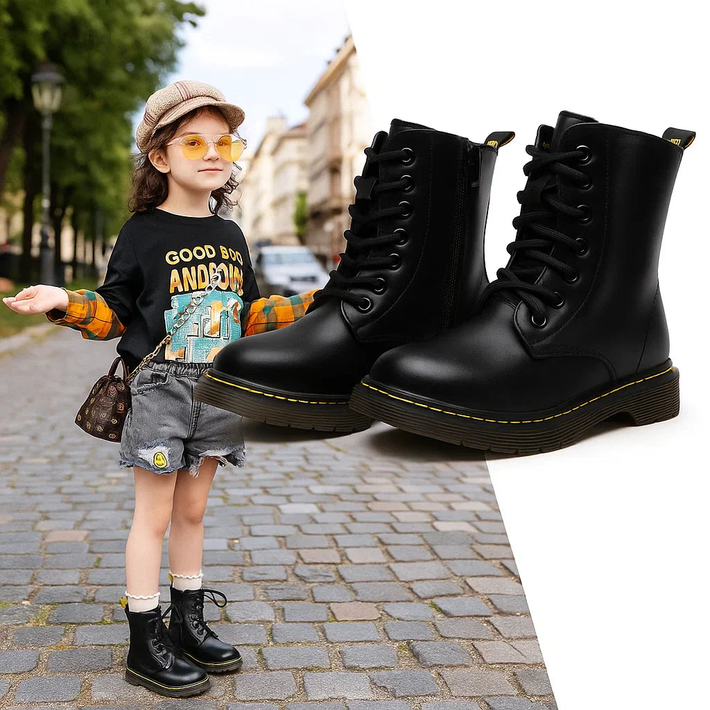 Children's waterproof insulated black combat boots with side zipper, faux leather, ideal for winter