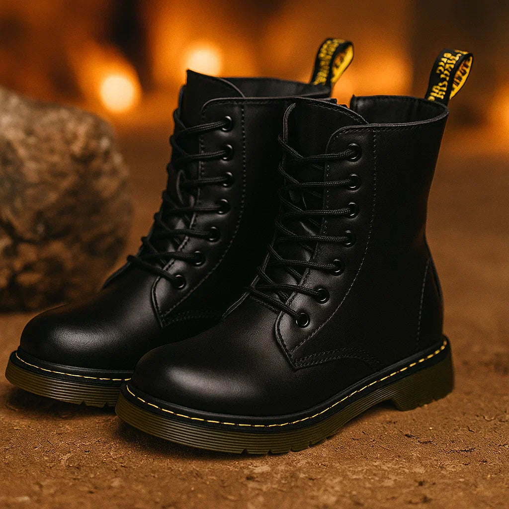 Toddler's black waterproof combat boots with durable faux leather, insulated for cold weather, side zipper