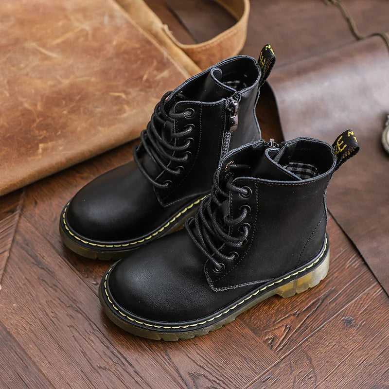 Waterproof and insulated combat boots for kids, black, with non-slip sole and convenient side zipper