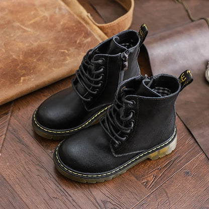 Waterproof and insulated combat boots for kids, black, with non-slip sole and convenient side zipper