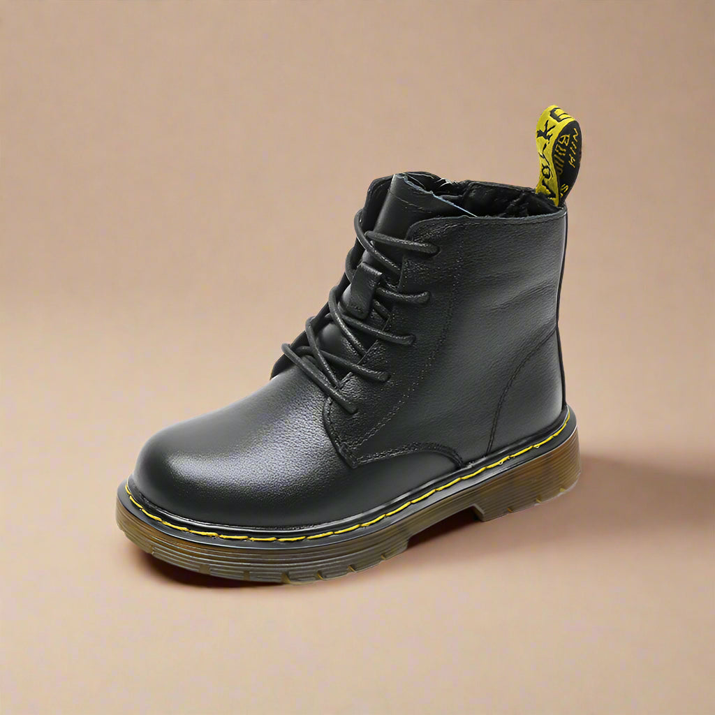 Faux leather children's waterproof combat boots with side zipper, insulated for warmth, durable outdoor footwear