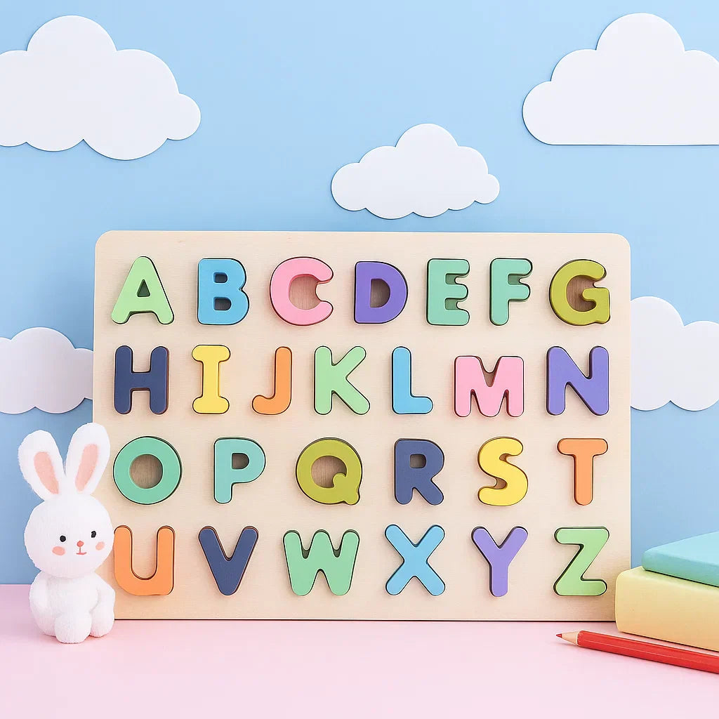 Colorful wooden puzzle board, educational toy for kids, teaching alphabets and numbers