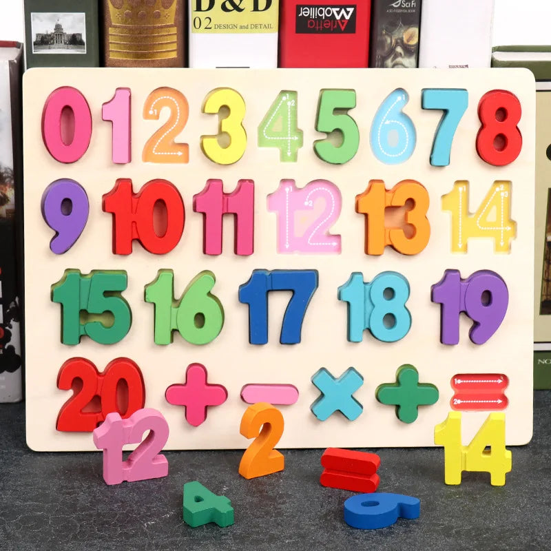 Wooden puzzle toy for preschoolers, learning alphabets, numbers, and basic shapes