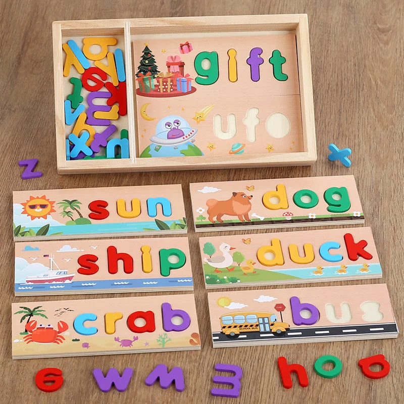 Children's wooden English spelling learning puzzle set with colorful letters for preschool cognitive development.