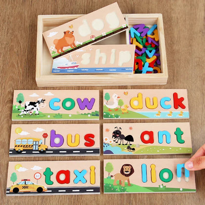 Educational wooden spelling game for kids, featuring English words and vibrant letters for early learning.