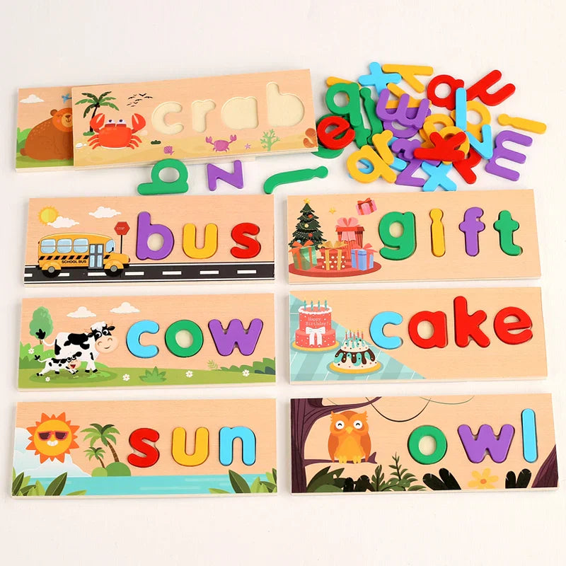 Safe wooden puzzle for children, designed for English word spelling and cognitive development toy.