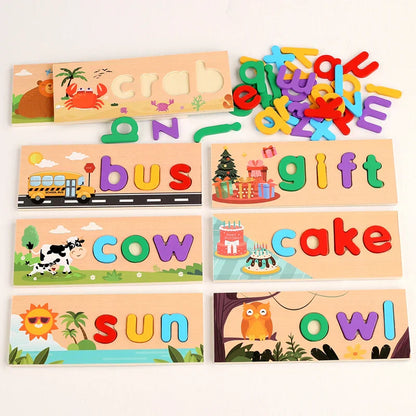 Safe wooden puzzle for children, designed for English word spelling and cognitive development toy.