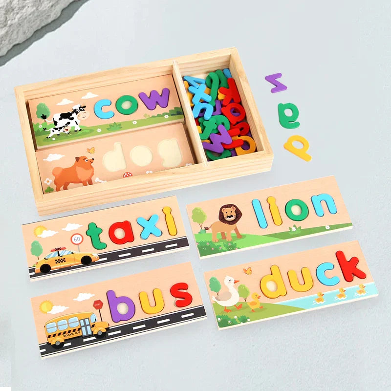 Kids learning wooden English spelling puzzle, an educational toy for mastering basic words and letters.