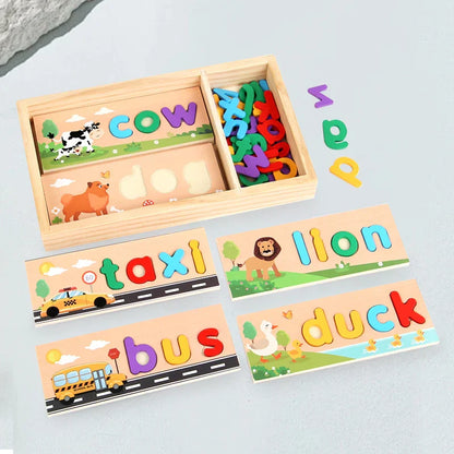 Kids learning wooden English spelling puzzle, an educational toy for mastering basic words and letters.