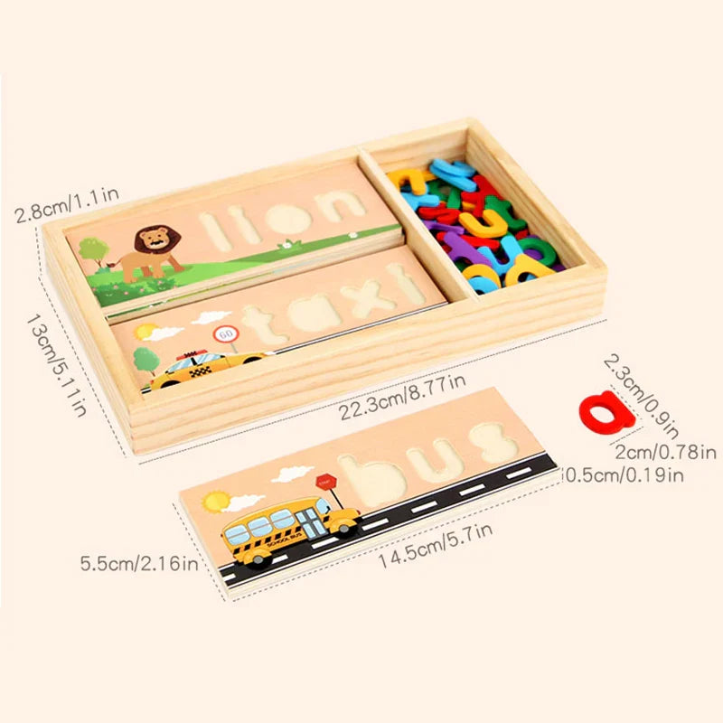 Close-up of a colorful wooden English spelling learning puzzle, an ideal educational toy for kids.