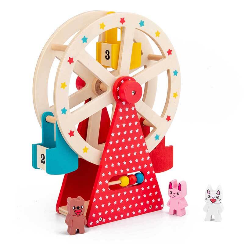 Children's wooden Ferris wheel toy with colorful animal figures, perfect for imaginative play & toddlers.