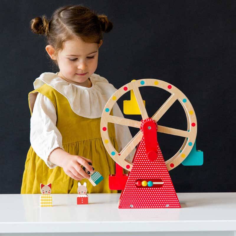 Wooden Ferris wheel activity toy for preschoolers, featuring cute lion, elephant, monkey, and giraffe figures.