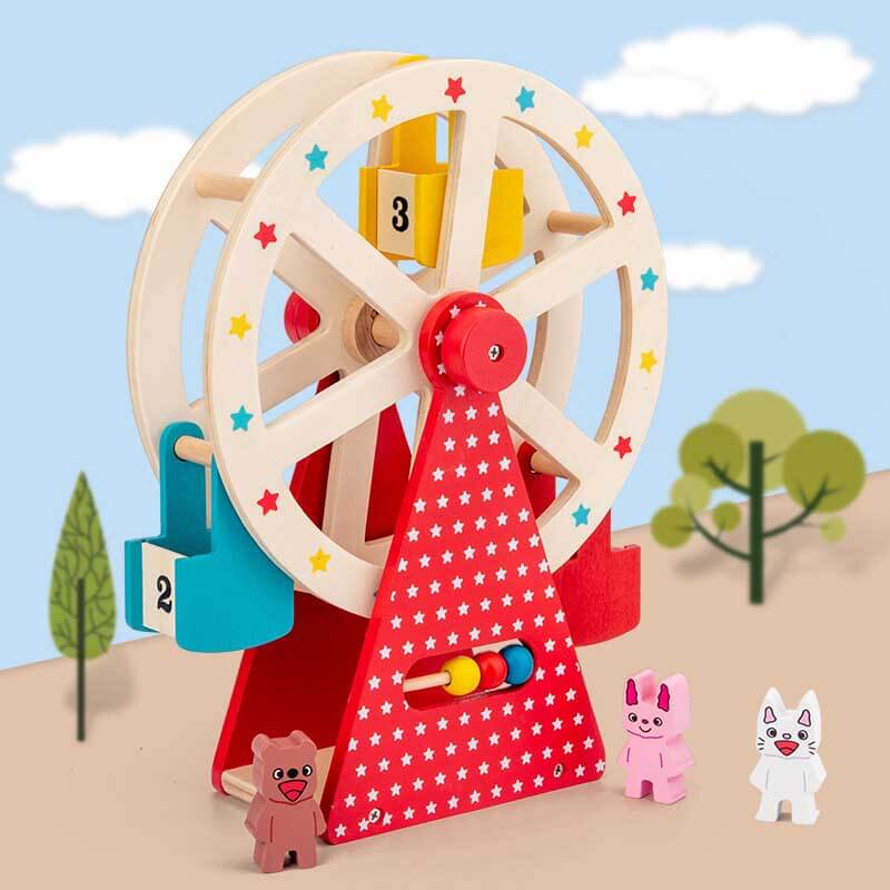 Close-up of a child's hand spinning a wooden Ferris wheel toy with charming animal riders, educational & fun.