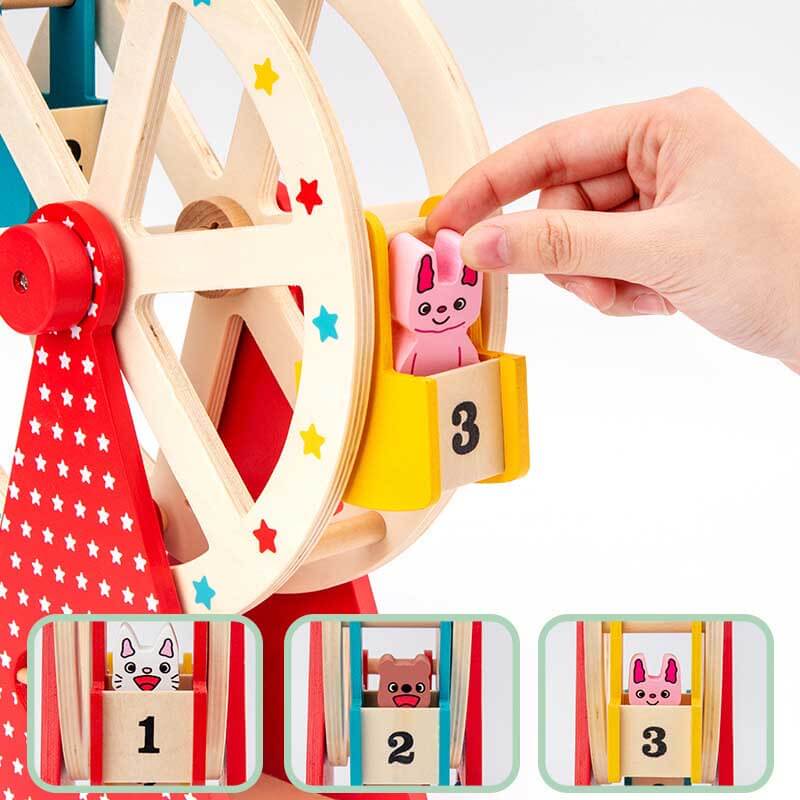 Vibrant wooden Ferris wheel with animal figures, a classic activity toy for developing fine motor skills.