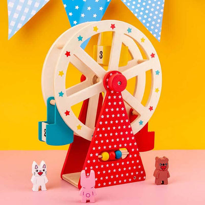 Eco-friendly wooden Ferris wheel toy for kids aged 1-5, promoting imaginative play with animal friends.