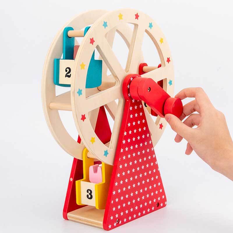 Beautifully crafted wooden Ferris wheel activity toy, featuring eight diverse animal figures for endless fun.