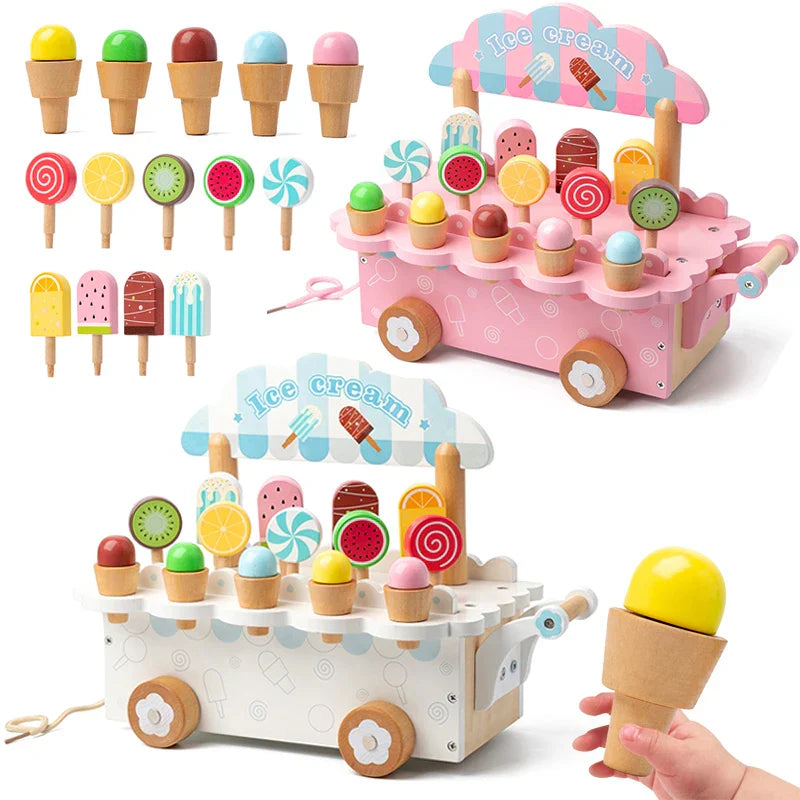 Children's wooden ice cream truck play set with various toy ice creams for role play