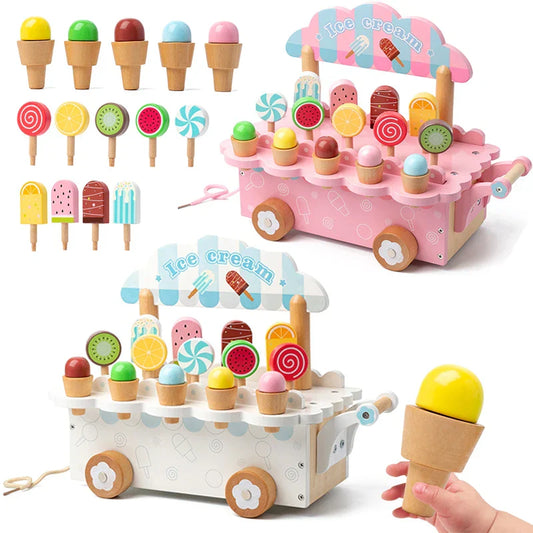 Children's wooden ice cream truck play set with various toy ice creams for role play