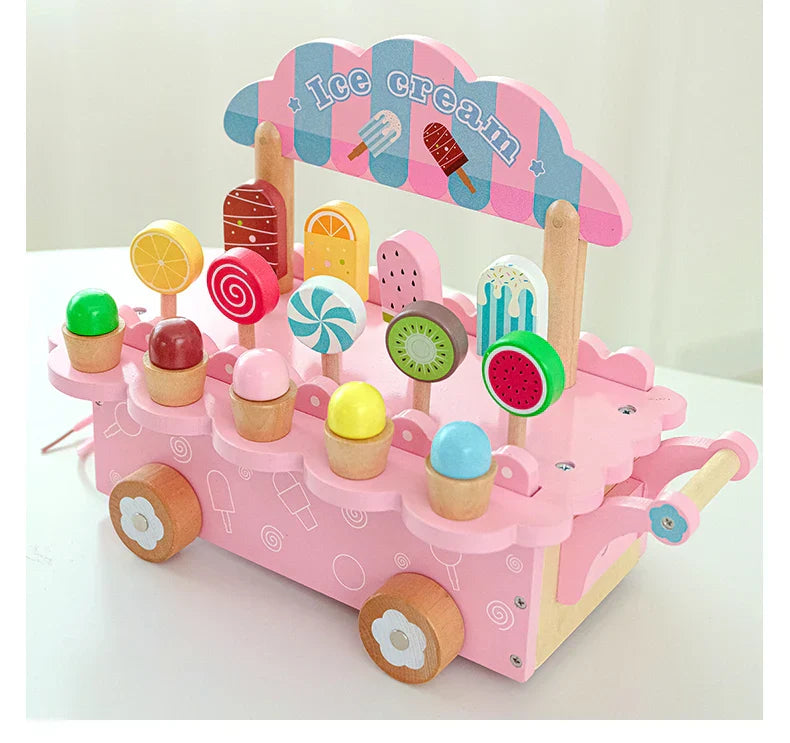 Colorful wooden ice cream truck play set with magnetic ice cream cones for children