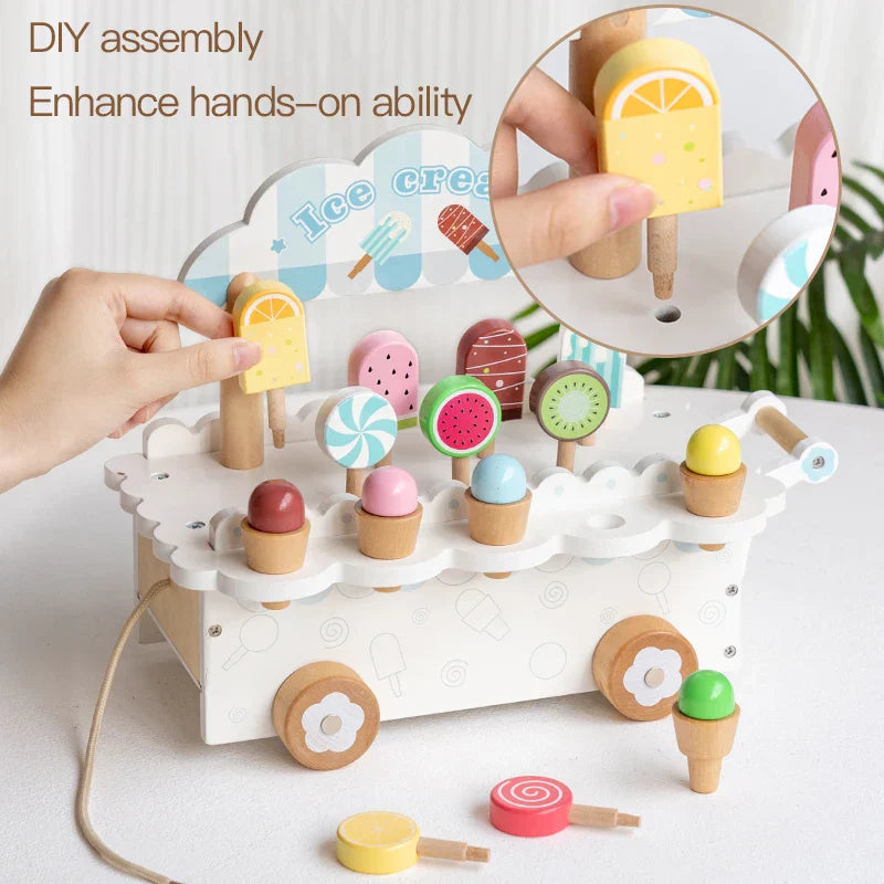 Wooden ice cream truck toy, perfect for kids' role play and learning activities