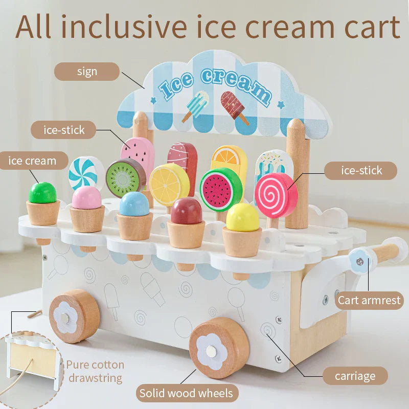 Detailed wooden ice cream truck play set, an educational toy for young children