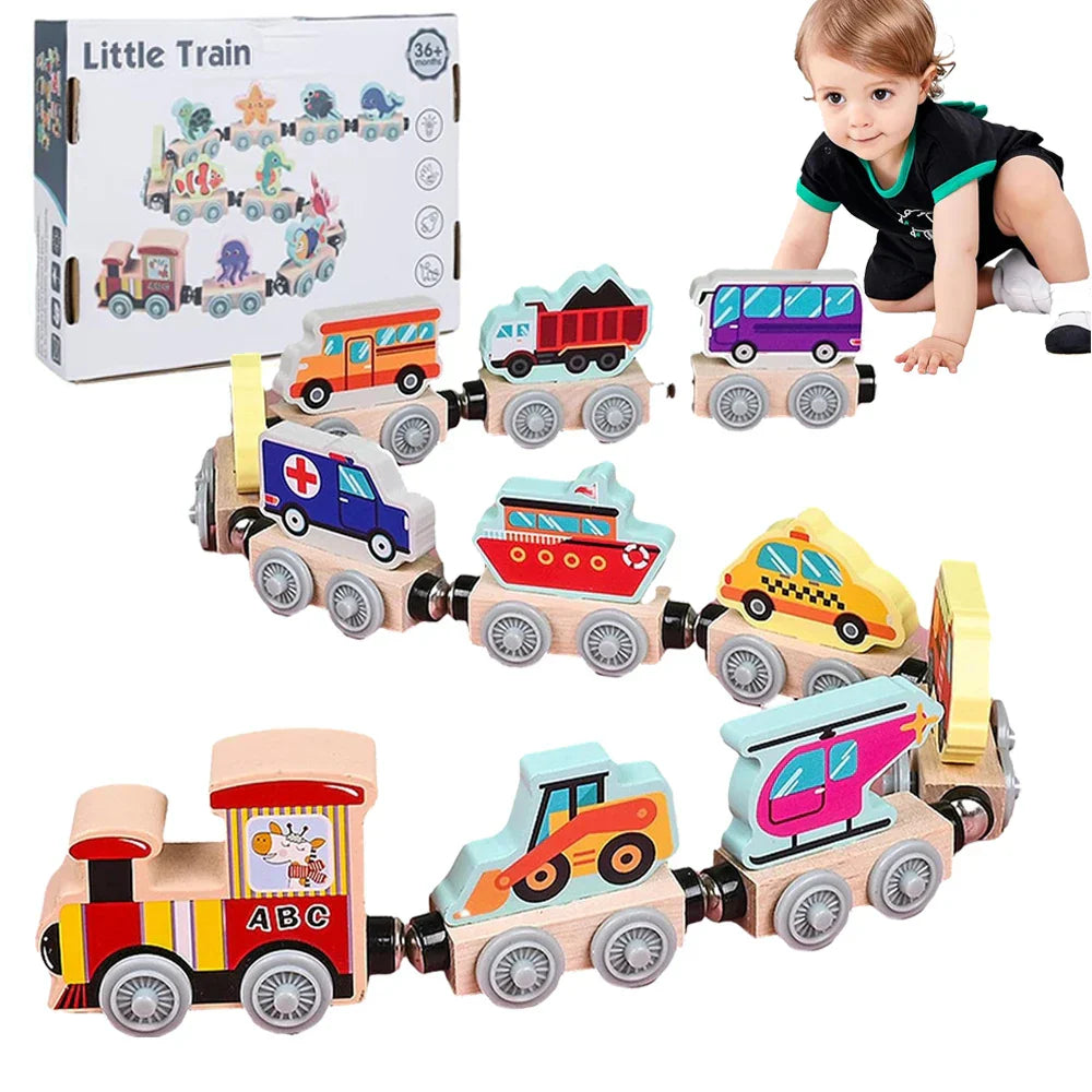 Children's wooden magnetic train toy set with colorful engines and carriages, boosting fine motor skills