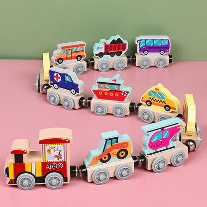 Wooden magnetic train toy set, featuring multiple train cars and track, perfect for kids learning fun
