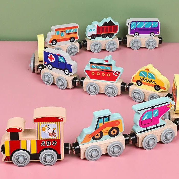 Close view of magnetic connectors on a wooden train toy, highlighting its easy-to-use design for kids