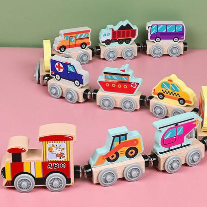 Close view of magnetic connectors on a wooden train toy, highlighting its easy-to-use design for kids